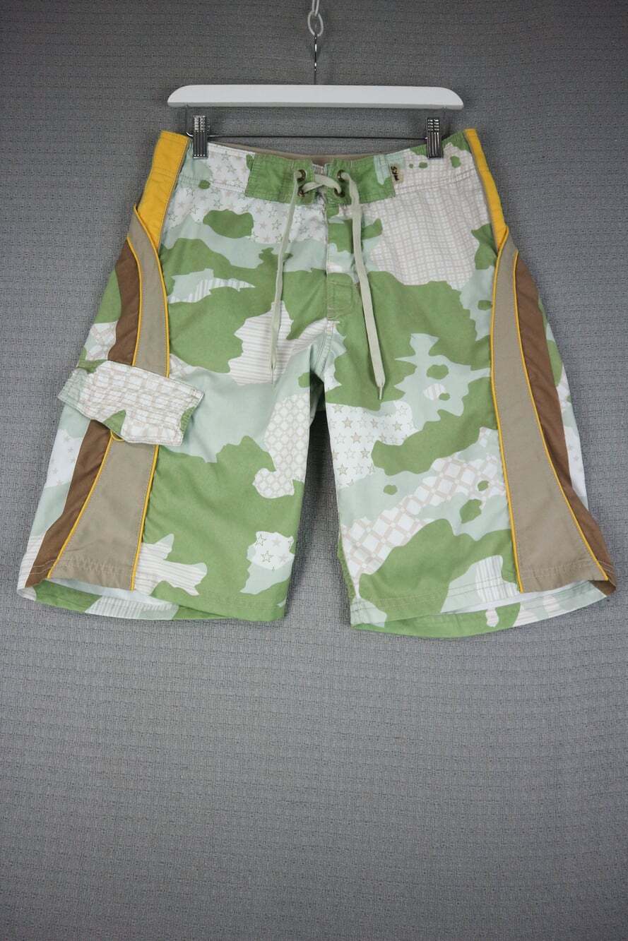Vintage Y2K Camo Board Shorts Mens Green Multi Pattern Colorblock Swim Trunks 30